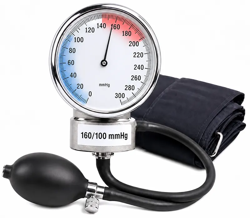 High blood pressure and hypertension Blood pressure monitor showing a high reading above 140/90 mmHg
