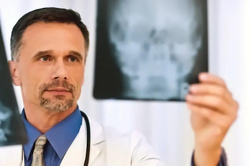 Doctor examining X-rays of the misaligned Atlas